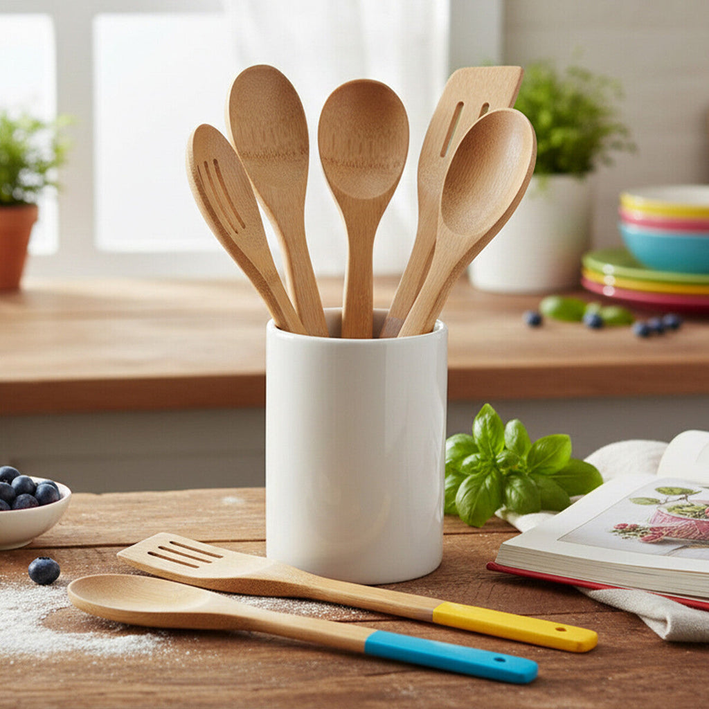 Aleki Natural Bamboo 5 Piece Utensil Set with Coloured Handles