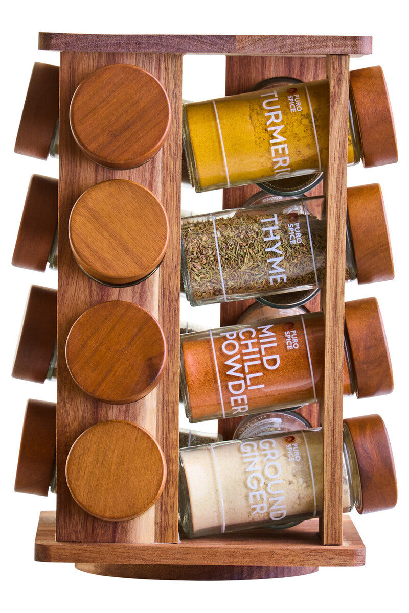 Acacia Wood Revolving Spice Rack with 16 Jars | Puro