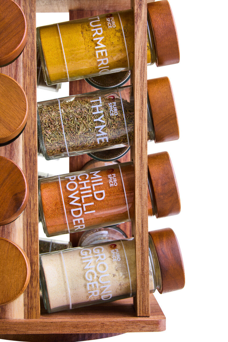Acacia Wood Revolving Spice Rack with 16 Jars | Puro