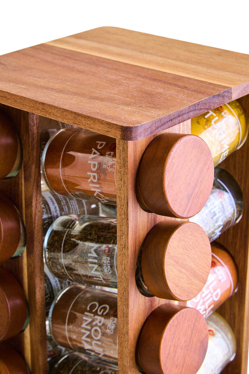 Acacia Wood Revolving Spice Rack with 16 Jars | Puro