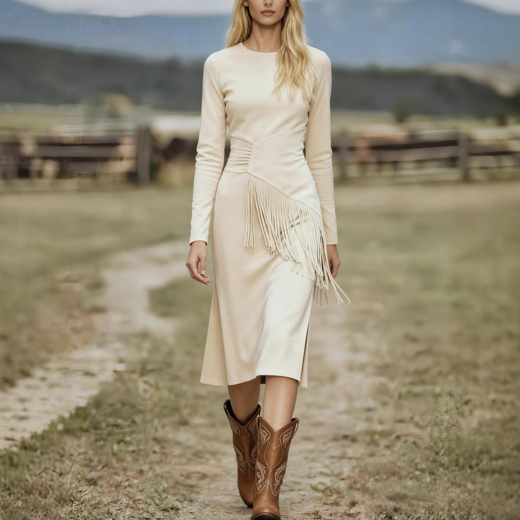 Women's Retro Western Crew-Neck Long-Sleeve Fringed Suede Velvet Dress