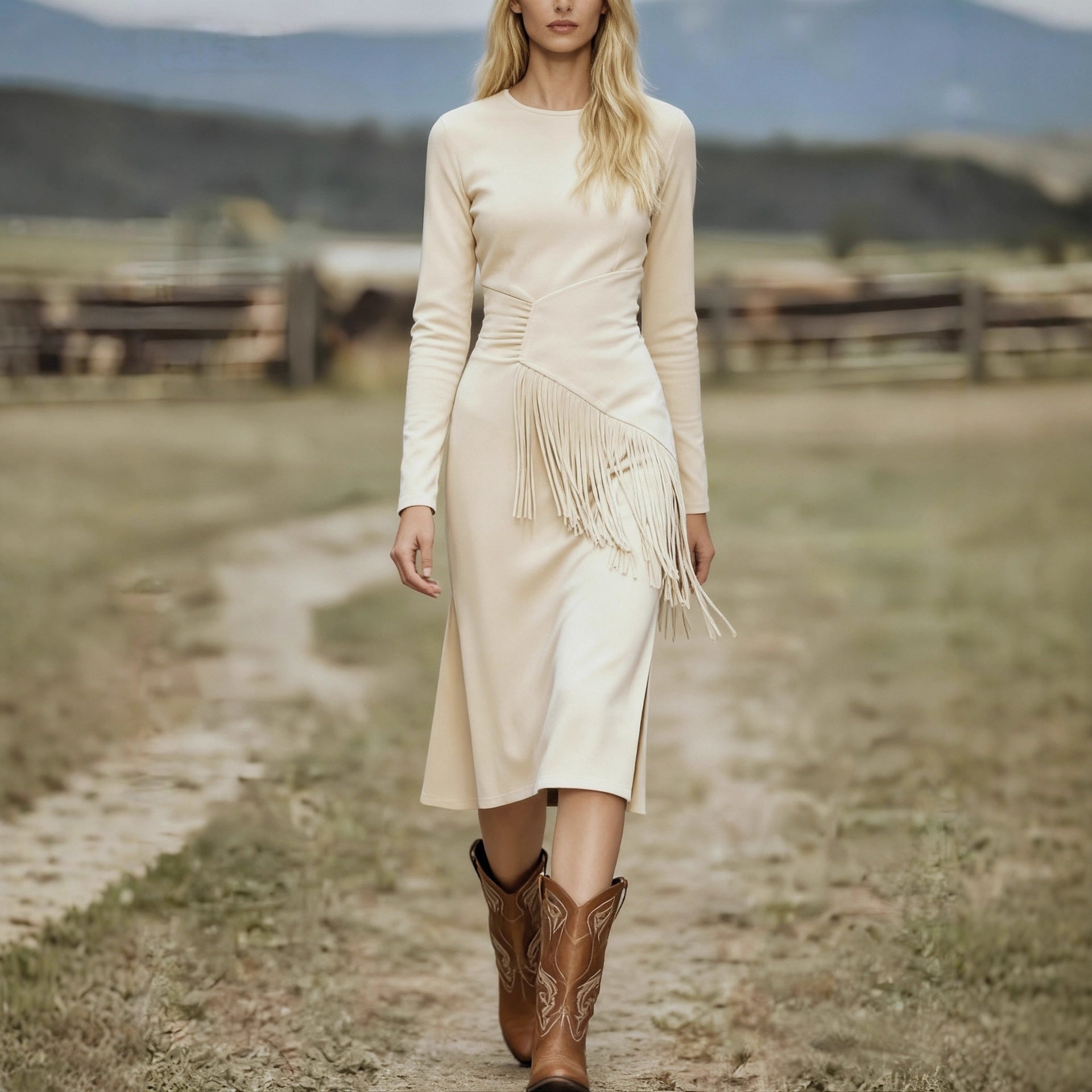 Women's Retro Western Crew-Neck Long-Sleeve Fringed Suede Velvet Dress