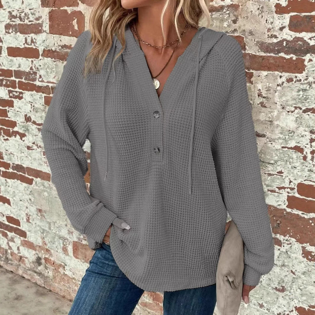 Waffle Hooded Sweater Sweatshirt Fashion Casual Long-sleeved Drawstring V-neck Buttons Top Women's Clothing