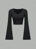 Fashion Solid Color Scoop Bell Sleeve Short Slim Fit Slimming T-shirt