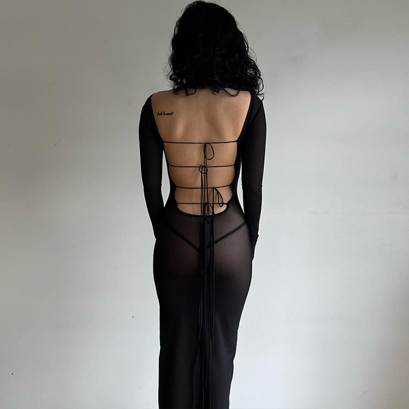 Backless Drawstring Patchwork Close-fitting Long-sleeved Dress