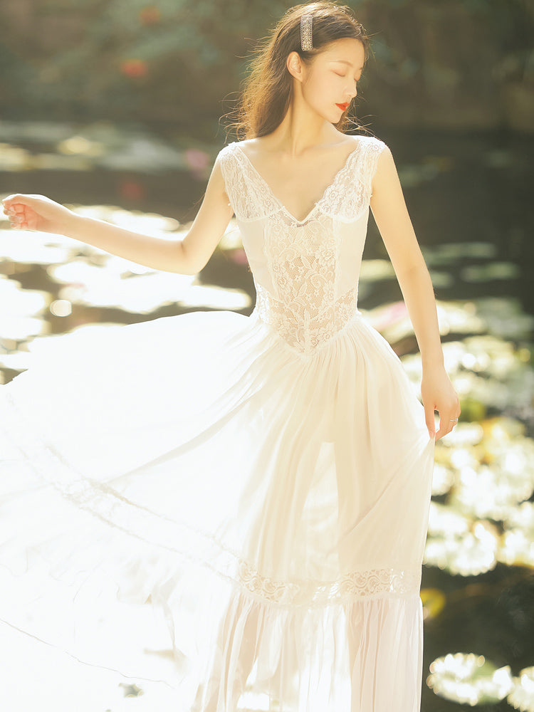Women's  Backless White Chiffon Lace Dress