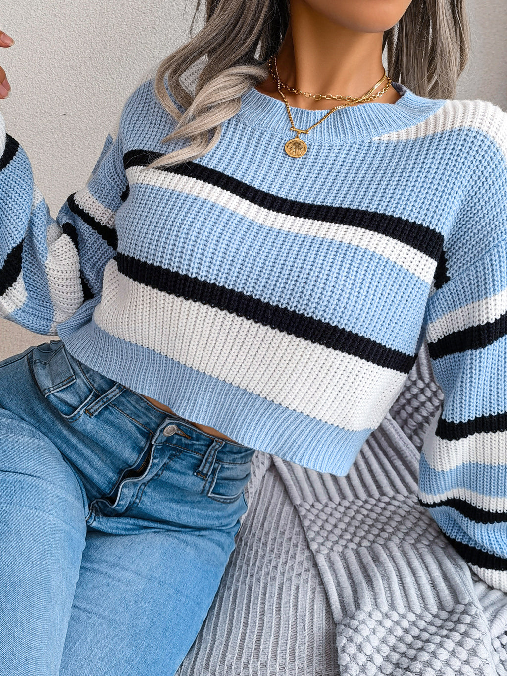Casual Striped Long Sleeve Cropped Knit Sweater