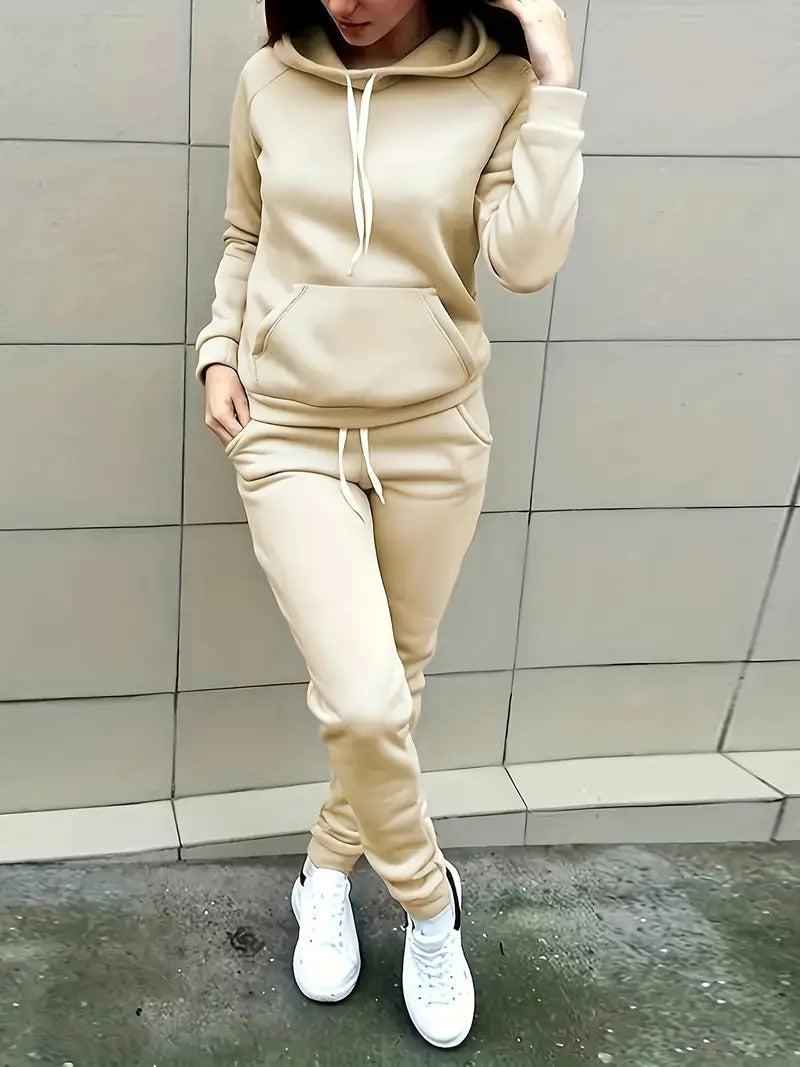 Hooded Sweater Solid Color With Fur Thickened Set Women
