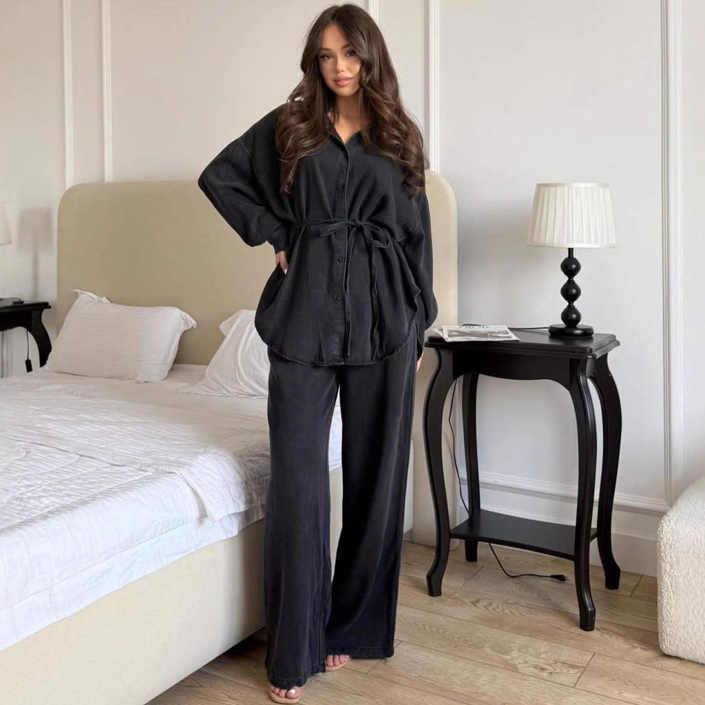 Fashionable Shirt-buttoned Tie-waisted Loose Jacket Denim Suit For Women