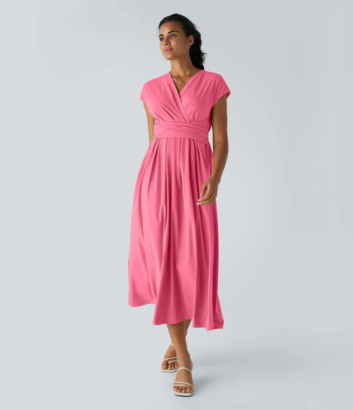 Solid Color Overlapping V-neck Short Sleeve Side Pocket Lace-up Quick-drying Mid-length Casual Dress