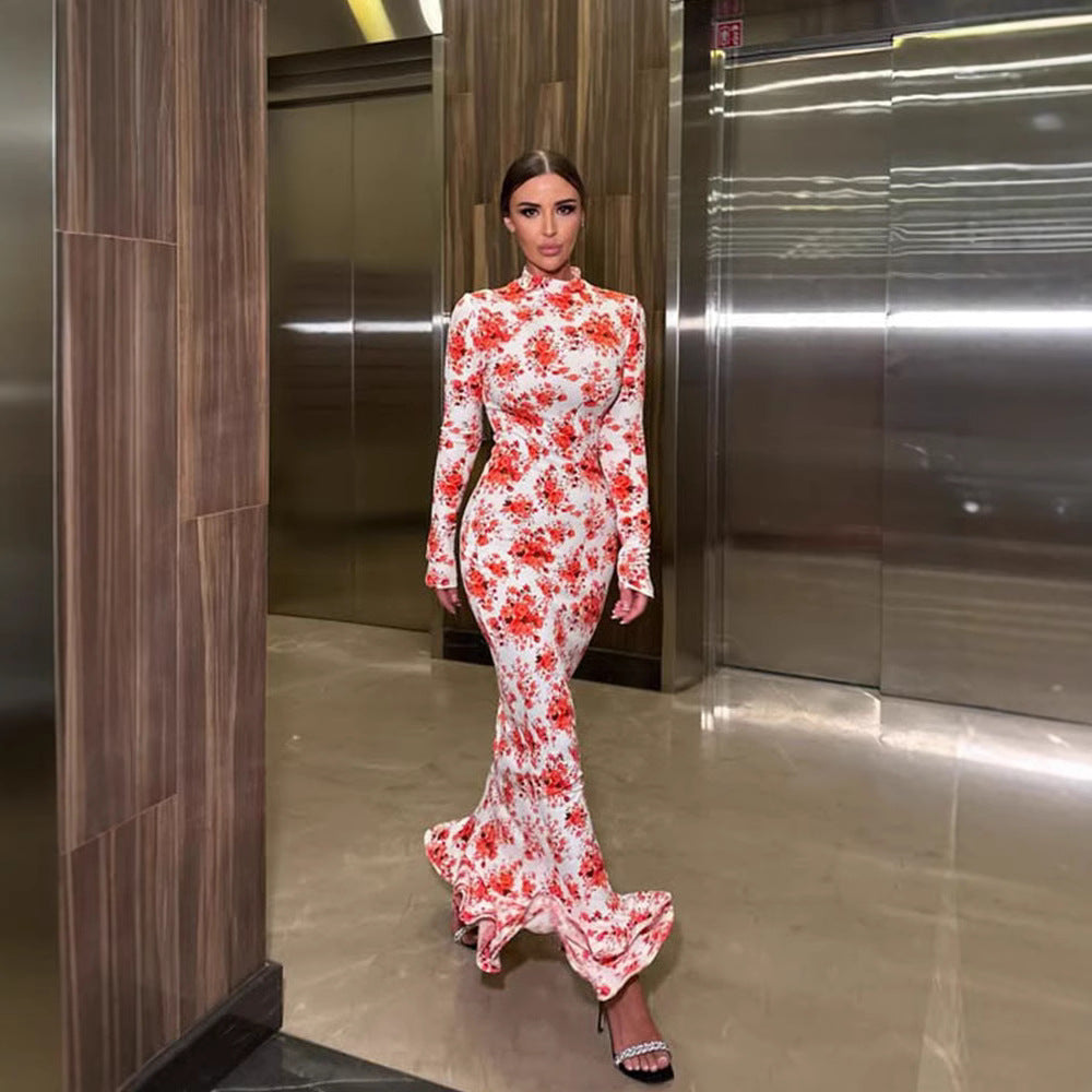 Women's Elegant Half-Neck Printed Long-Sleeve Lace-Patchwork Bodycon Dress