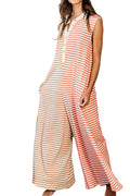 Orange Stripe Oversized Sleeveless Wide Leg Jumpsuit Buttoned Front