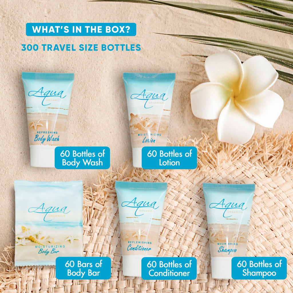 1-Shoppe All-in-Kit Aqua Organics Hotel Toiletries Bulk Set – 300 Pieces, 1oz Travel Sizes