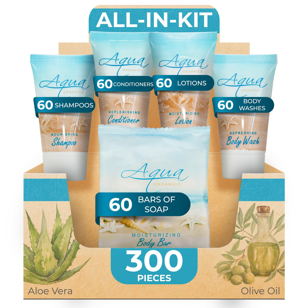 1-Shoppe All-in-Kit Aqua Organics Hotel Toiletries Bulk Set – 300 Pieces, 1oz Travel Sizes