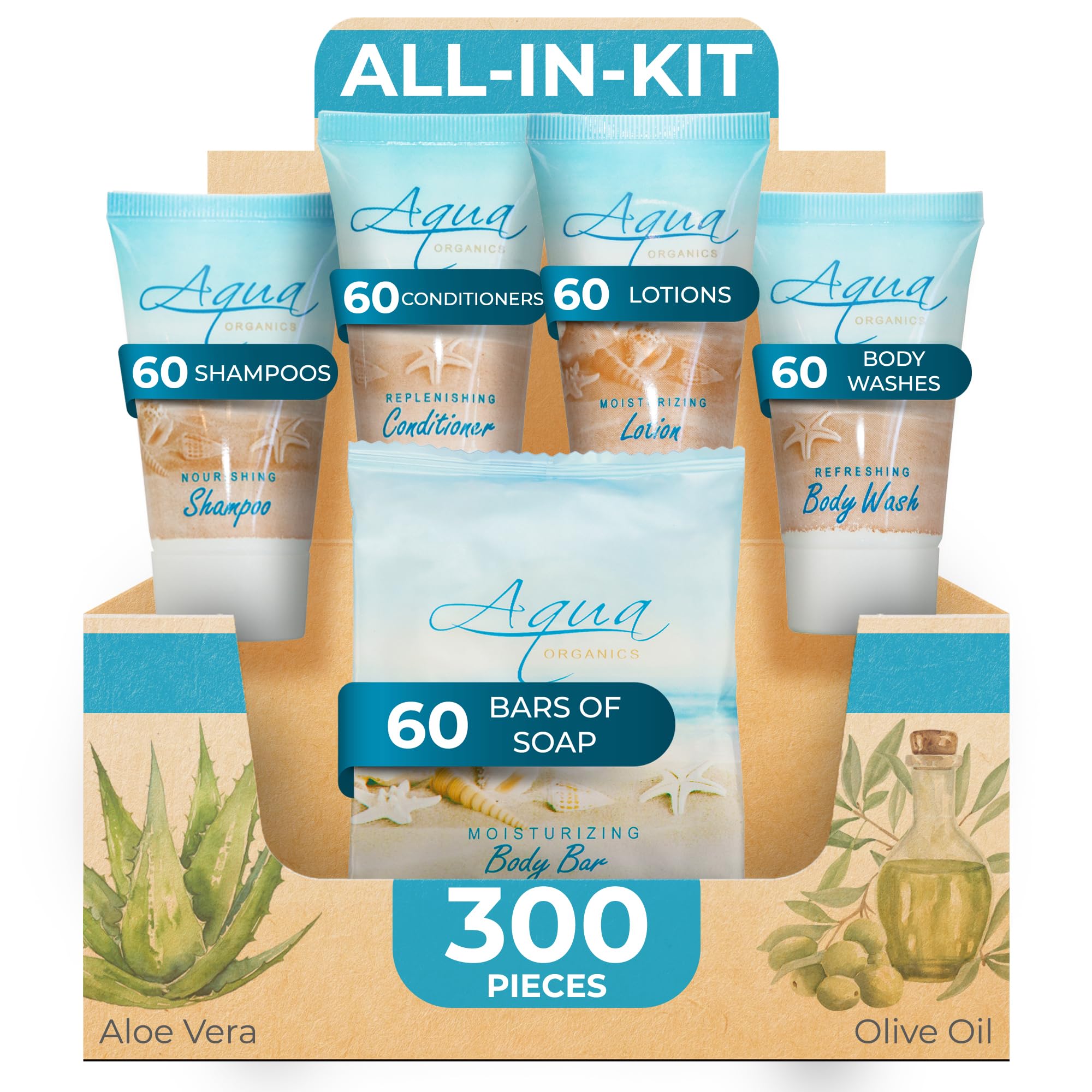 1-Shoppe All-in-Kit Aqua Organics Hotel Toiletries Bulk Set – 300 Pieces, 1oz Travel Sizes