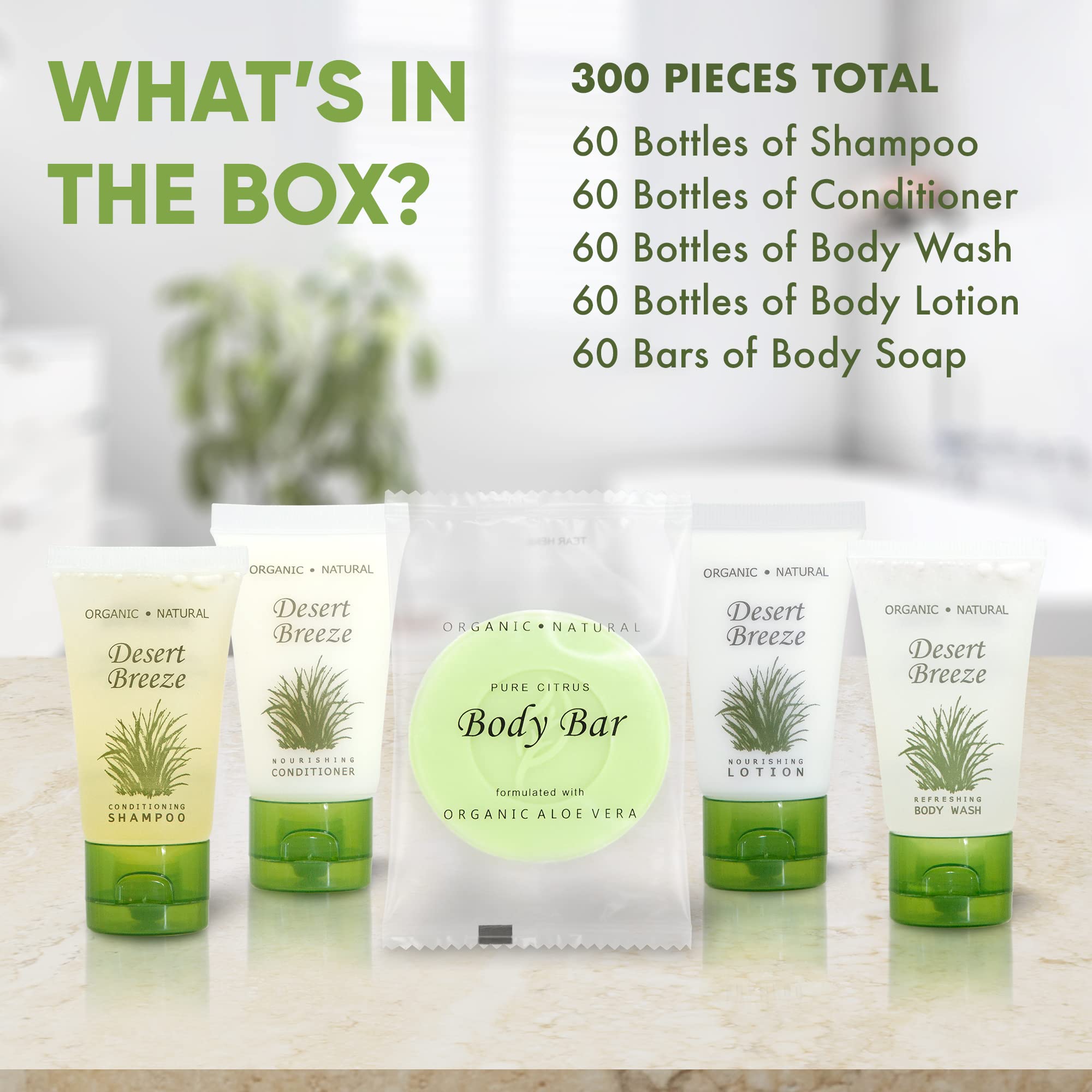 1-Shoppe All-in-Kit Travel Size Hotel Toiletry Set — 300 Count, Paraben Free, Green Tea Lemongrass, Aloe & Olive Oil