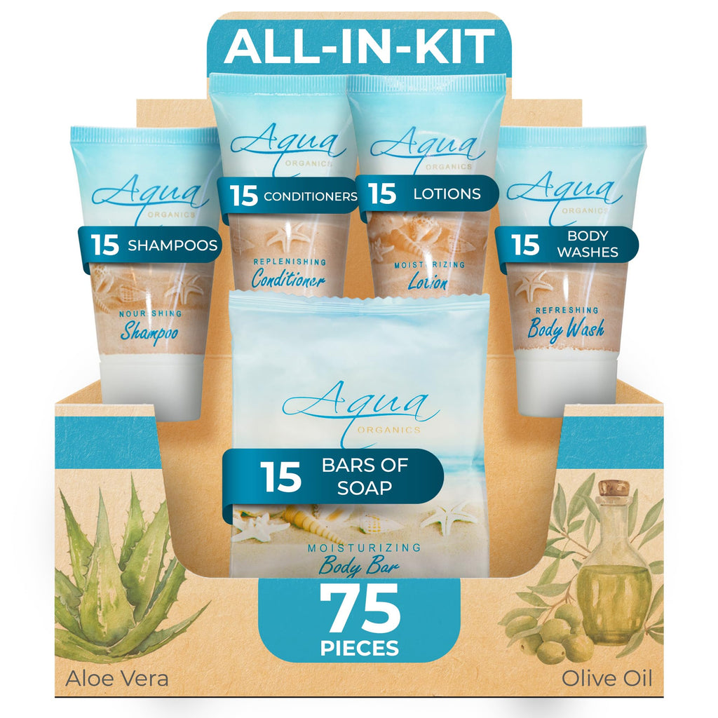 Aqua Organics Hotel Soaps & Toiletries Bulk Set | 1-Shoppe All-in-Kit | Travel-Size 75 Pieces