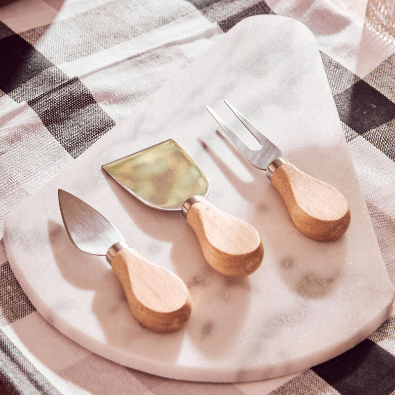 Kindia White Marble Triangular Cheese Board with 3 Knives