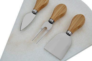 Kindia White Marble Triangular Cheese Board with 3 Knives