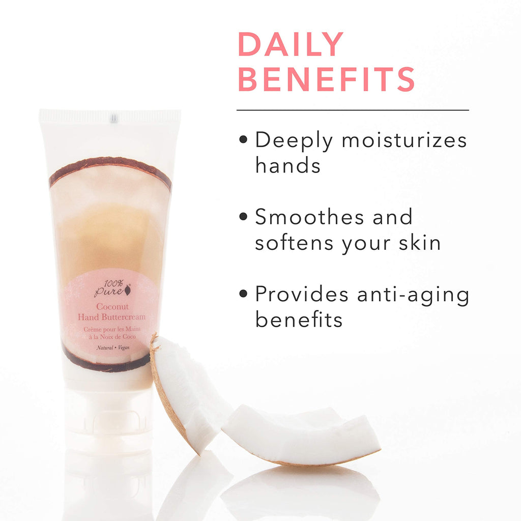 100% PURE Coconut Vegan Hand Cream — Shea Butter Moisturizer for Dry Skin, 2 oz