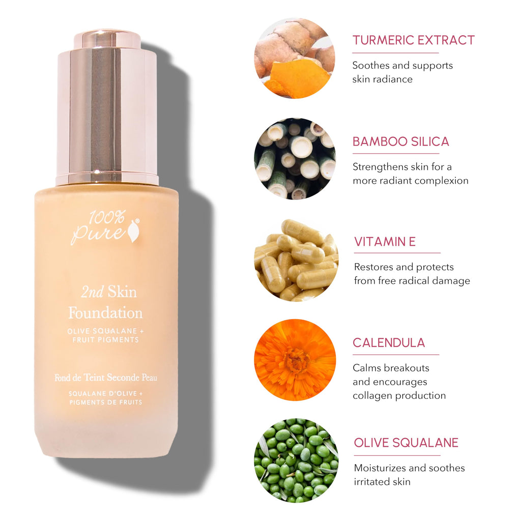 100% PURE 2nd Skin Lightweight Serum Foundation Shade 5 – Neutral Peach Undertone (1.18 Fl Oz) | Vegan, Clean, Hydrating