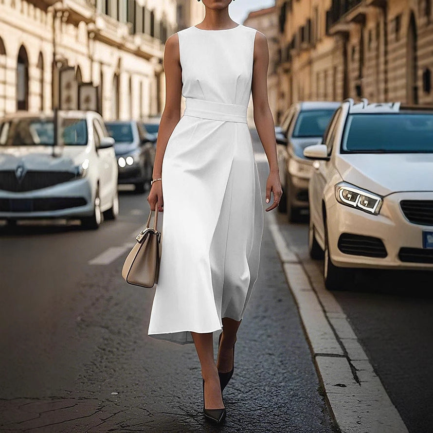 Summer Irregular Sleeveless Dress With Belt Fashion Temperament Slim Back Zipper Dresses For Women Clothing
