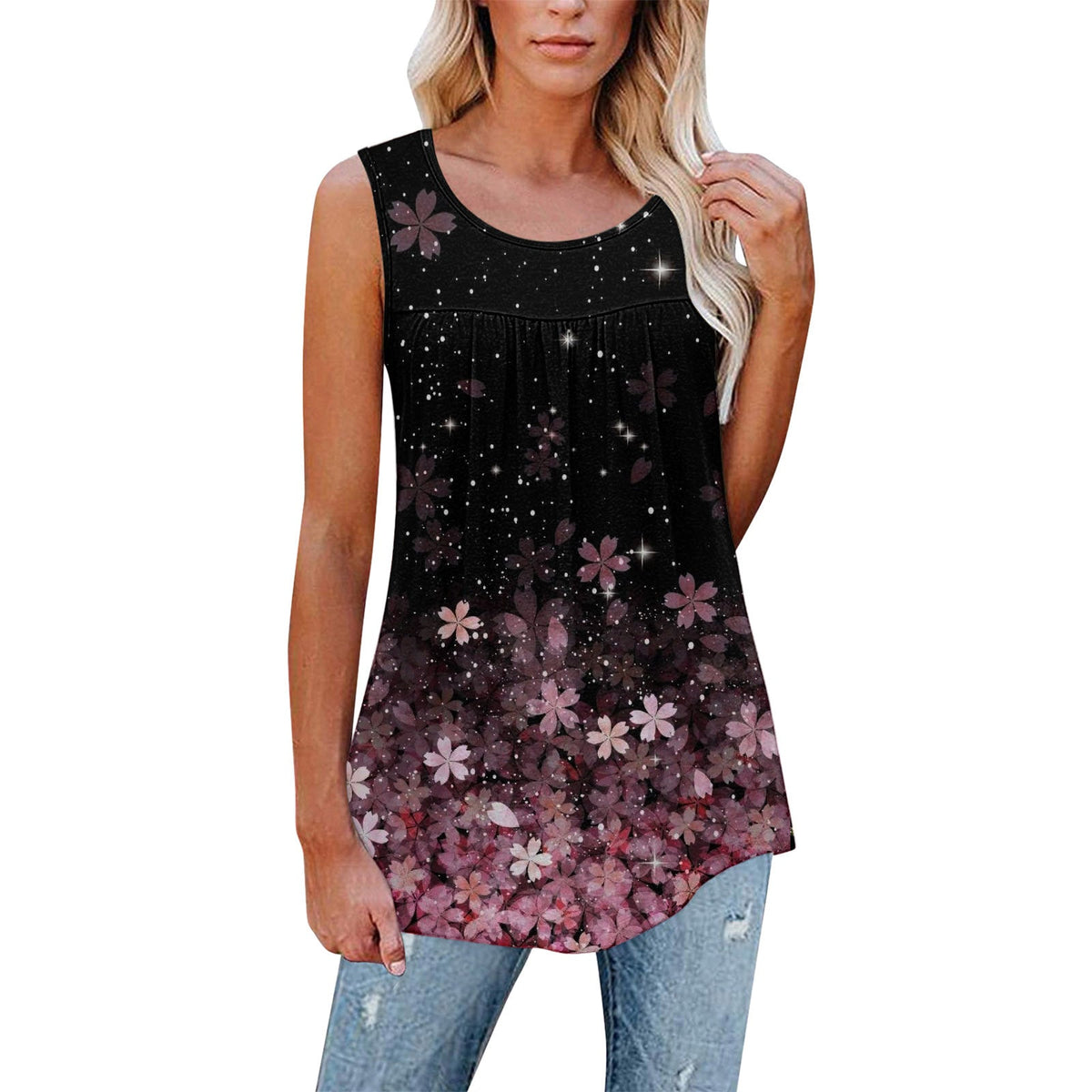 Flower Print Sleeveless Pleated Casual Loose Vest T-shirt Women's Clothing