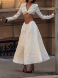 White Cutout Shirt Collar Two-Piece Set - Long Sleeve Crop Top & High-Waisted Maxi Skirt
