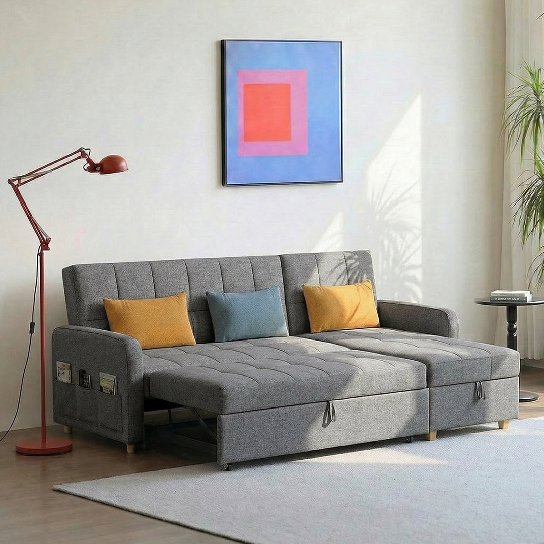 ML203 Three Seater Sofa Bed, L Shape Sofa Bed With Storage, Linen