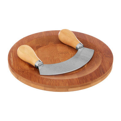 Aleki Natural Bamboo Serving Board with Mezzaluna Herb Chopper
