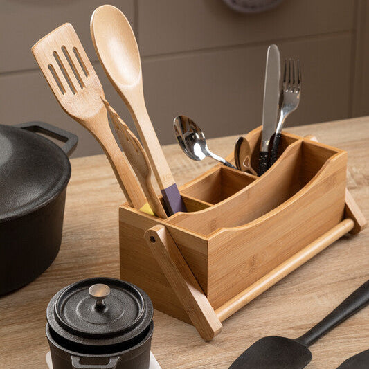 Aleki Brown Bamboo Utensil Holder with 4 Compartments
