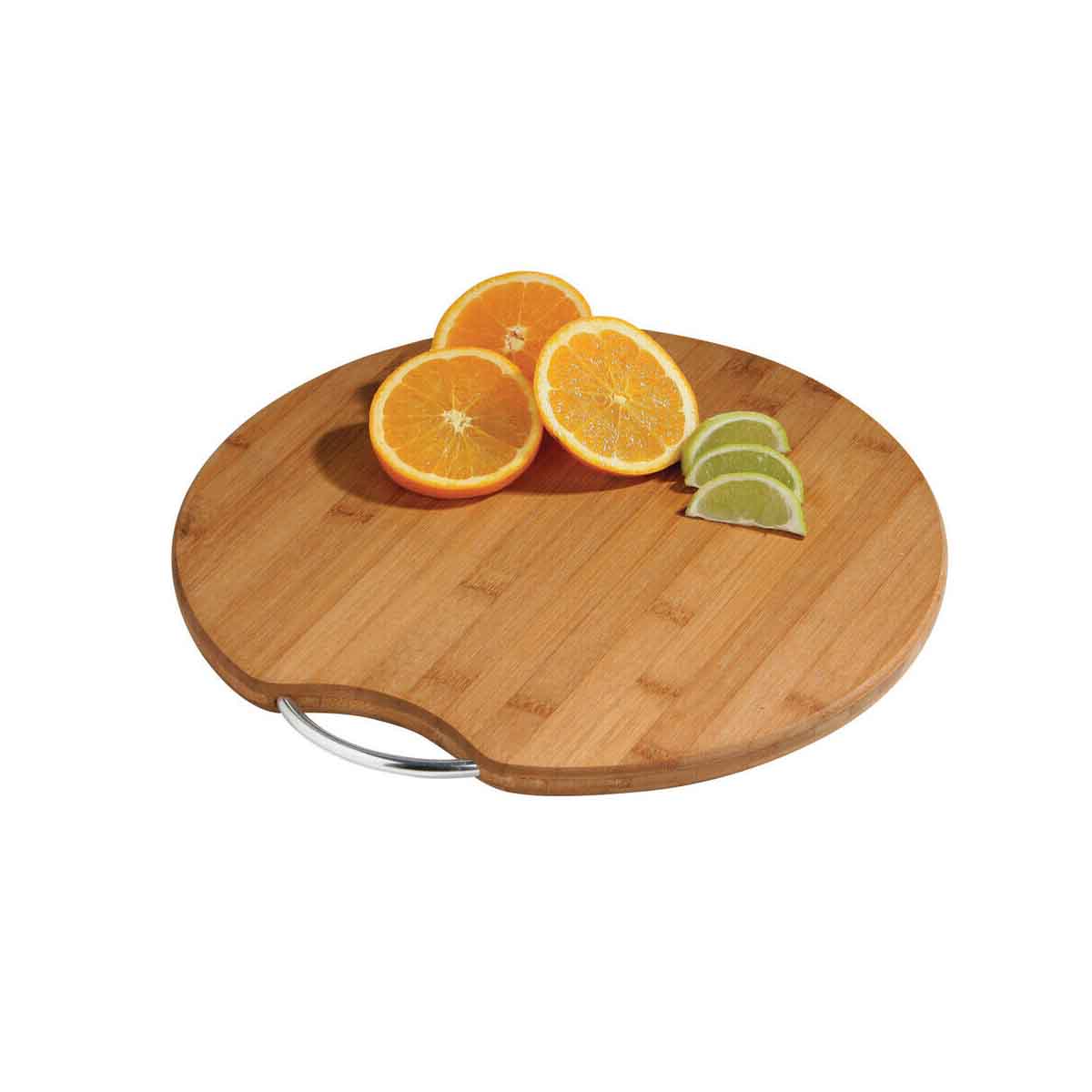 Aleki Natural Bamboo Round Chopping and Serving Board with Chrome Handle