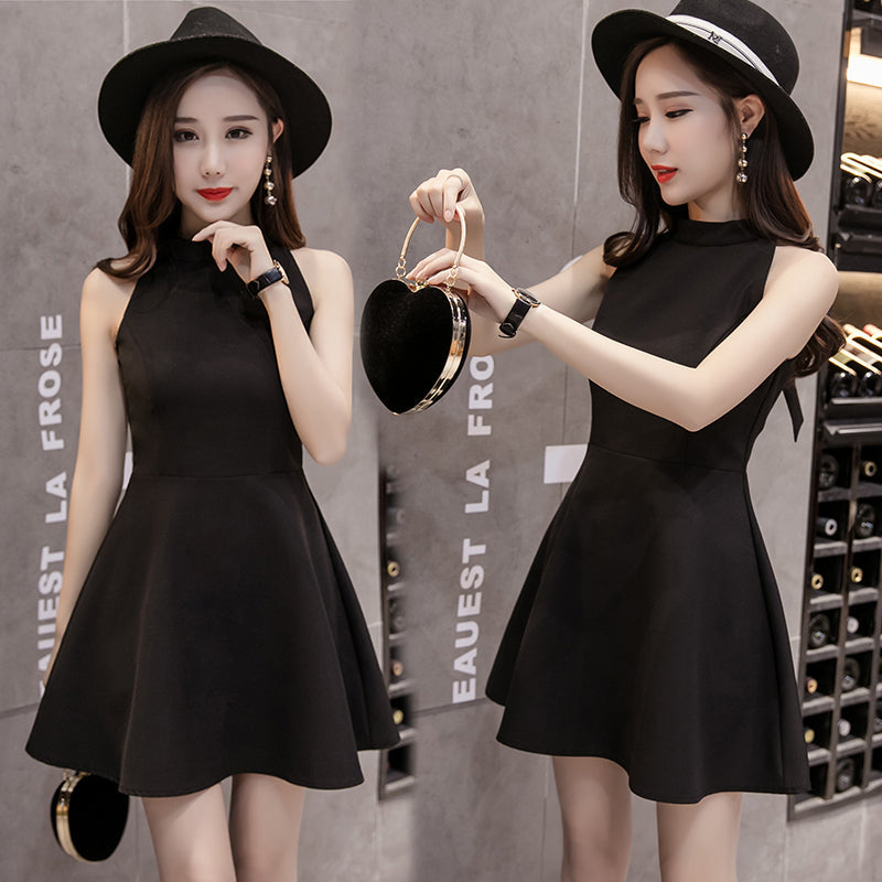 Sleeveless Hanging Neck Summer Strapless Slim High Waist Black Dress Women's Clothing