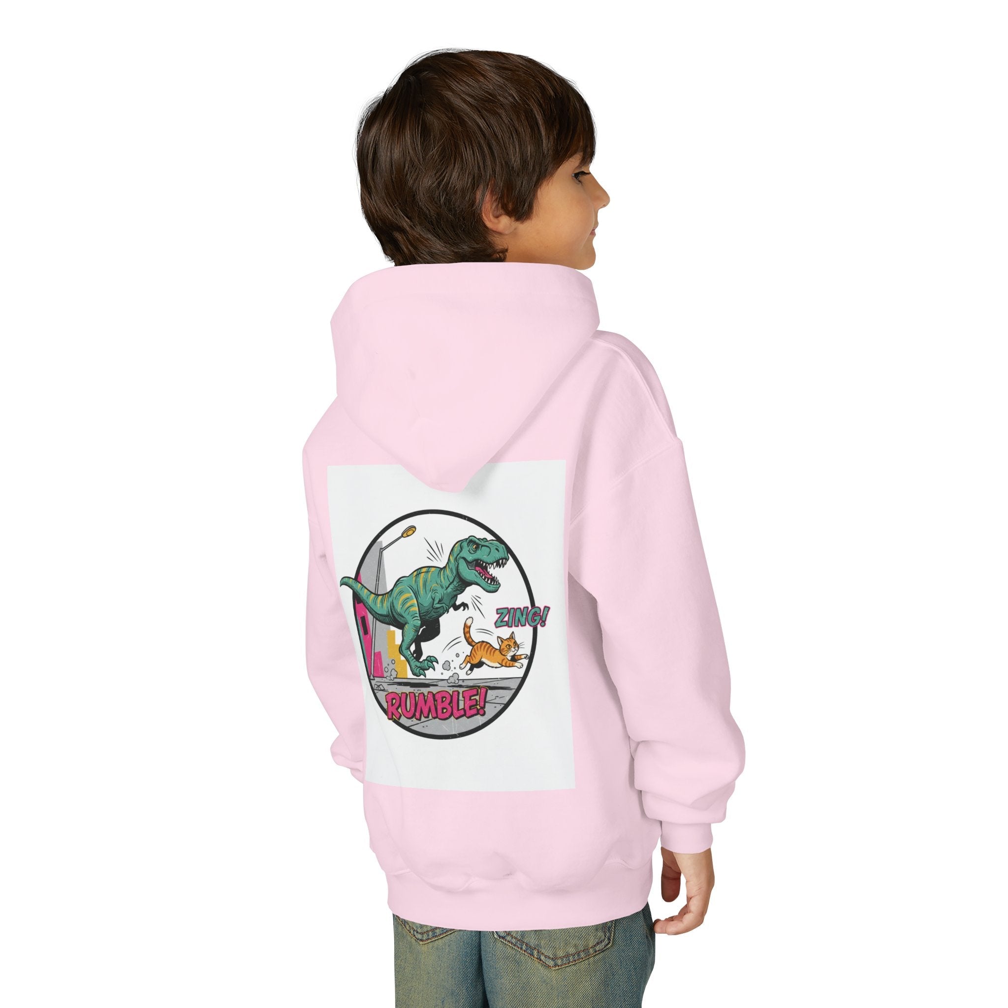 T-Rex Chase Dino Rumble Youth Hoodie | Dinosaur Graphic Sweatshirt