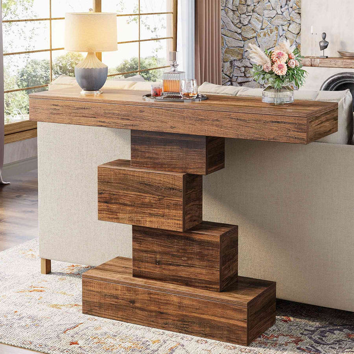 107cm Console Table, Wood Sofa Table Accent Table with Geometric Base