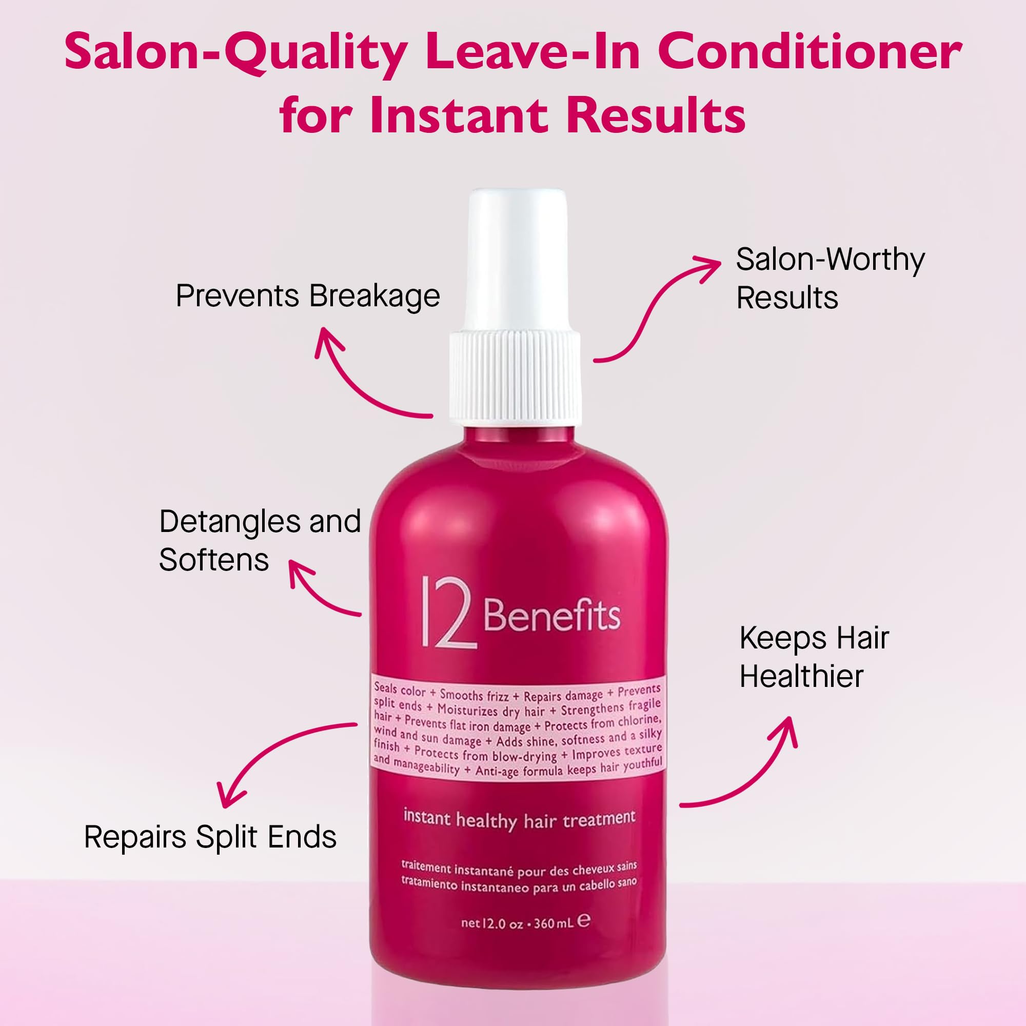 12 Benefits Instant Healthy Hair Treatment – Leave-In Conditioner Spray with Silk Fibre Protein & Quaternium 39 (12 Fl Oz)