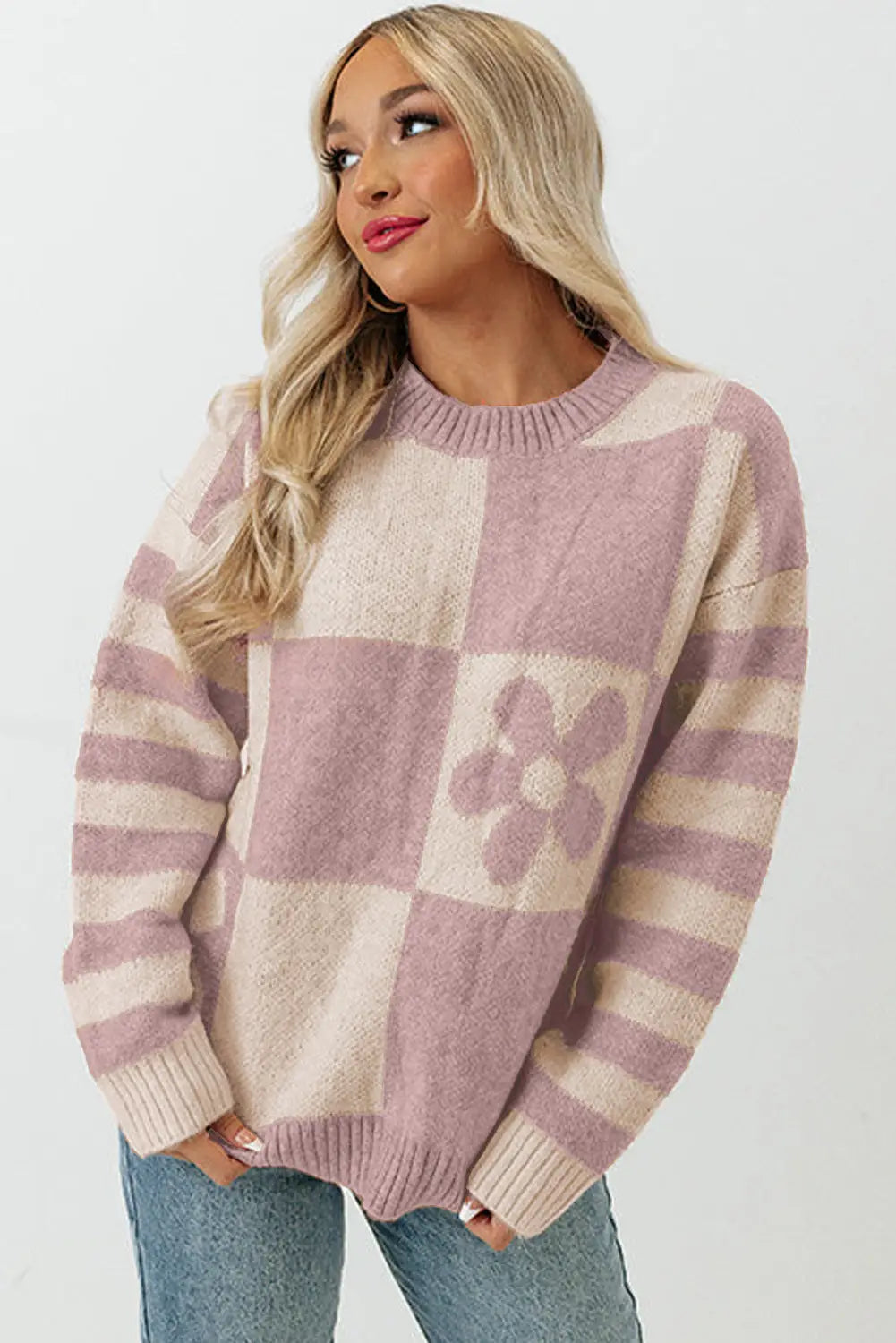 Checkered Floral Print Striped Sleeve Sweater Women UK