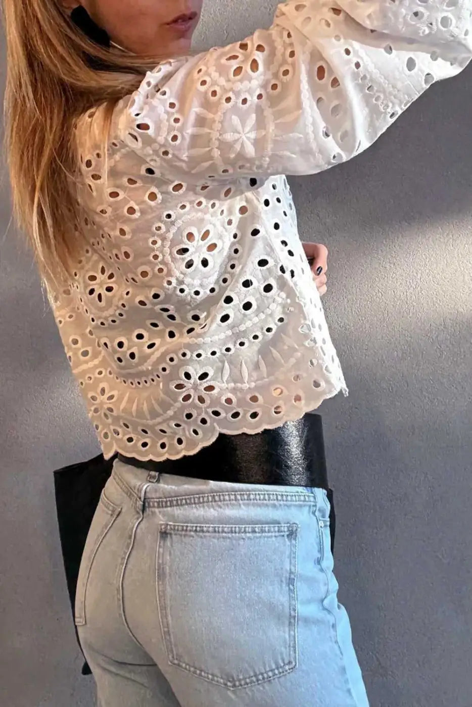 Women's White Cutwork Embroidered Puff Sleeve Crop Top
