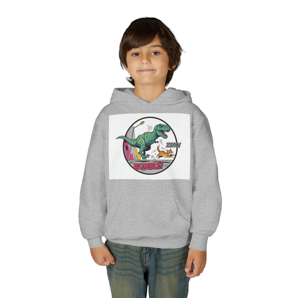 T-Rex Chase Dino Rumble Youth Hoodie | Dinosaur Graphic Sweatshirt