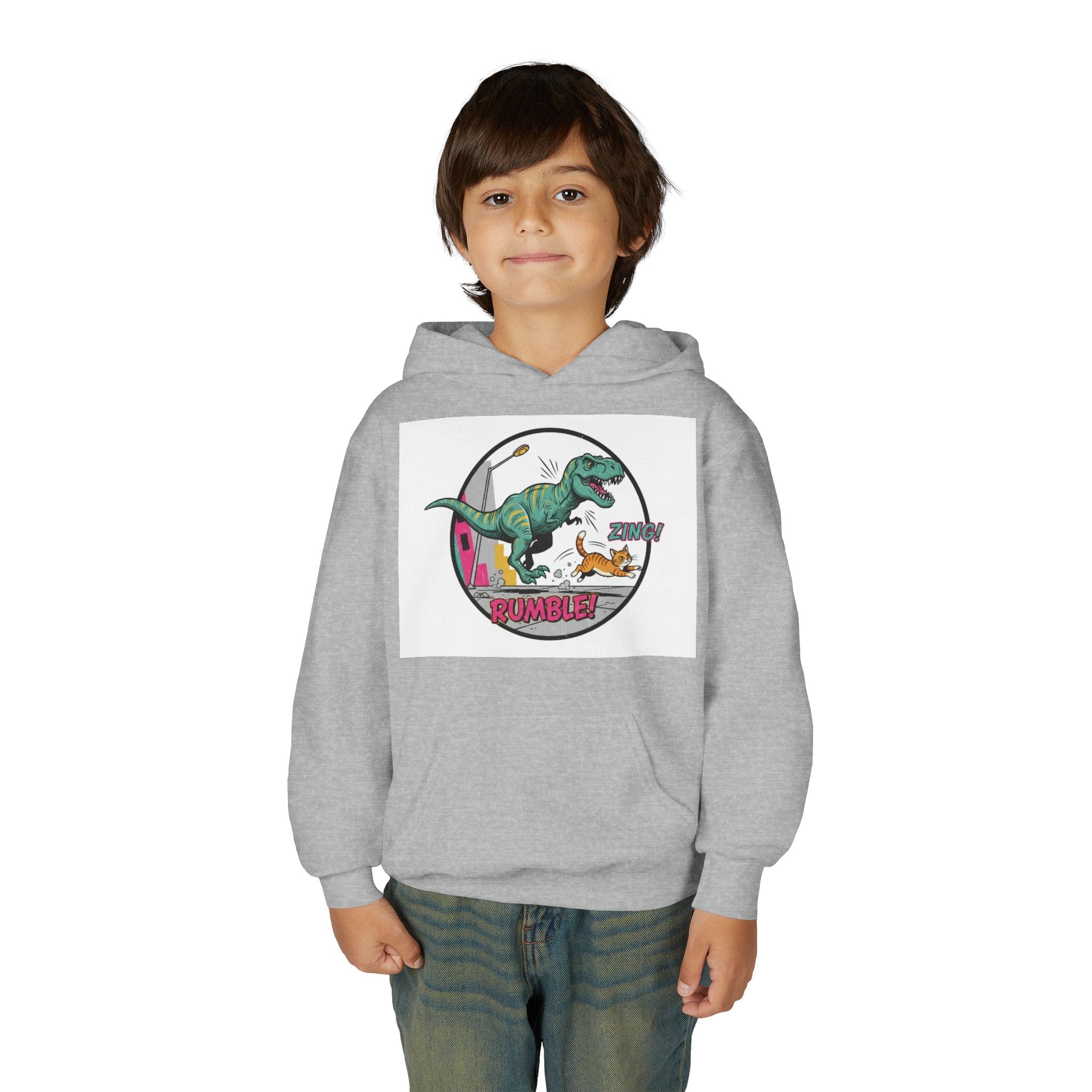 T-Rex Chase Dino Rumble Youth Hoodie | Dinosaur Graphic Sweatshirt