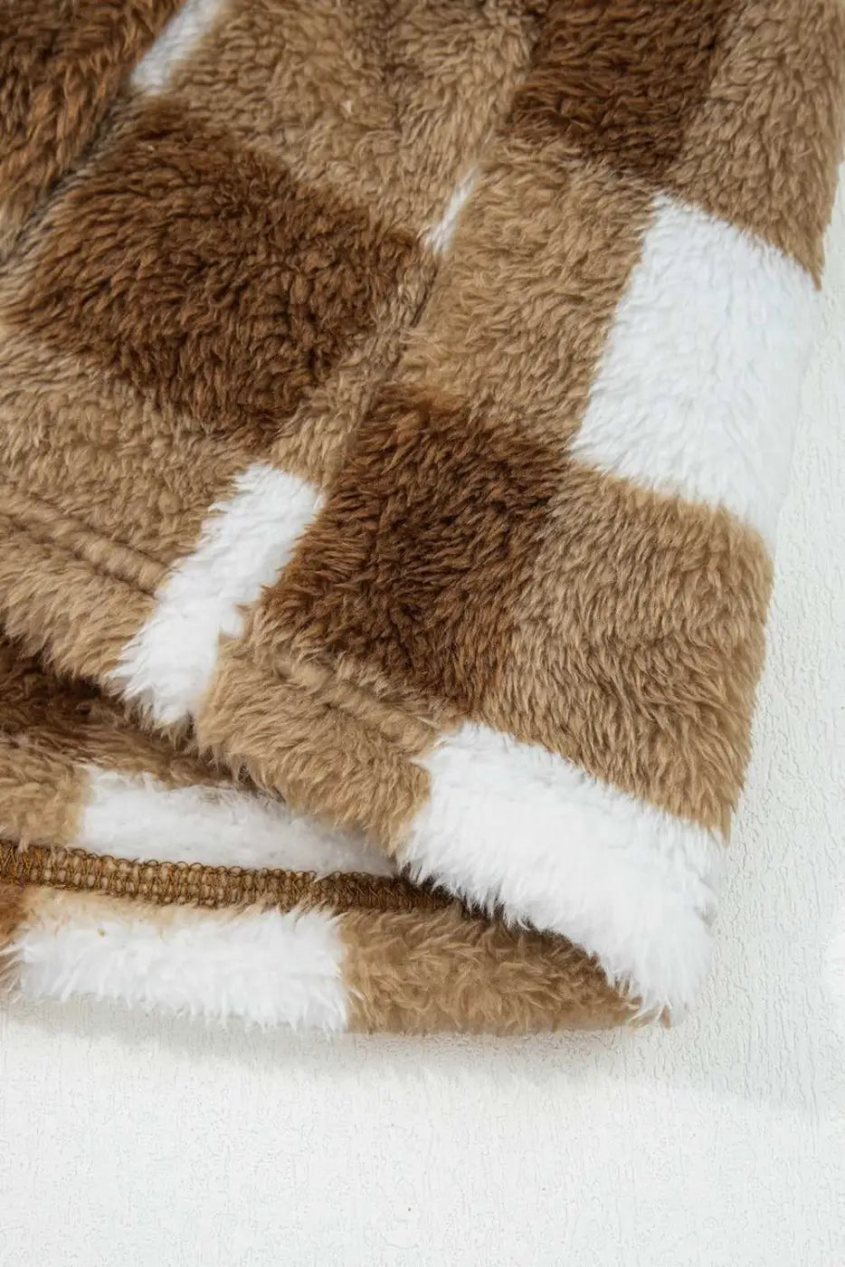 Brown Gingham Check Sherpa Cardigan V-Neck Button Down Banded Hem