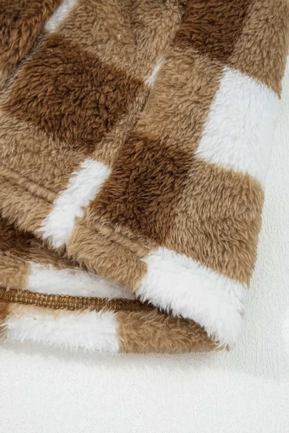 Brown Gingham Check Sherpa Cardigan V-Neck Button Down Banded Hem