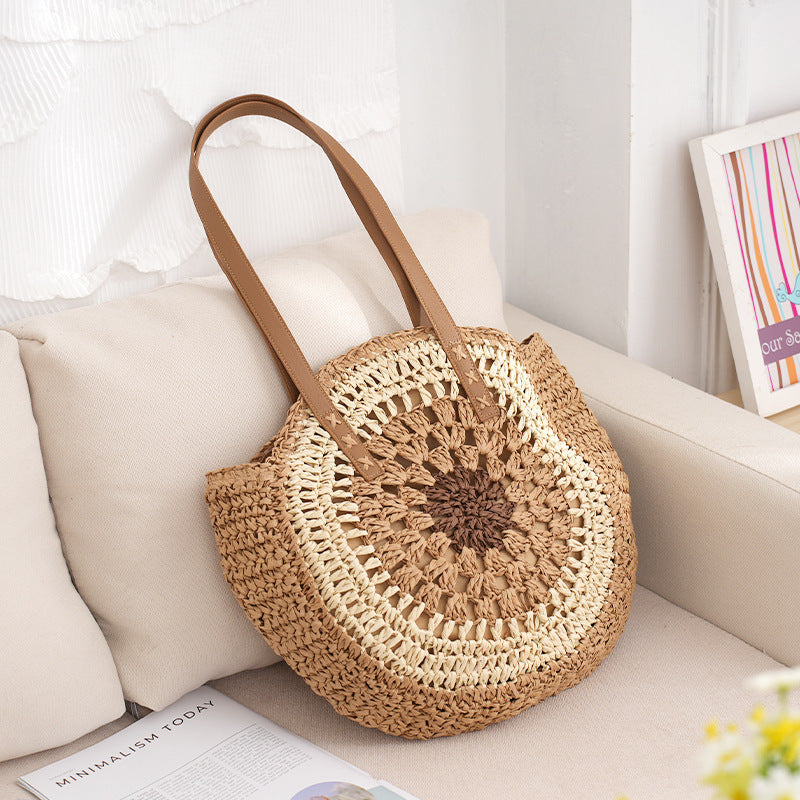 Women's Fashion Simple Multicolor Round Handmade Shoulder Straw Bag