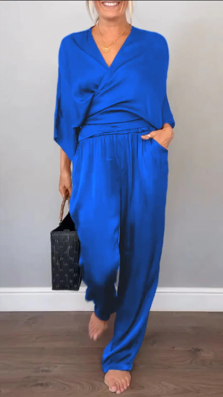 Womens Solid Color Satin Short Sleeve Top And Pants Set For Women