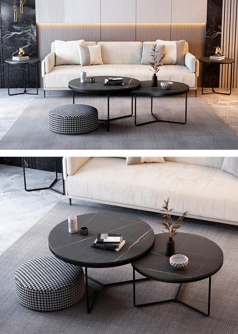 Iver Stone Round Nesting Coffee Table Set, Black & White