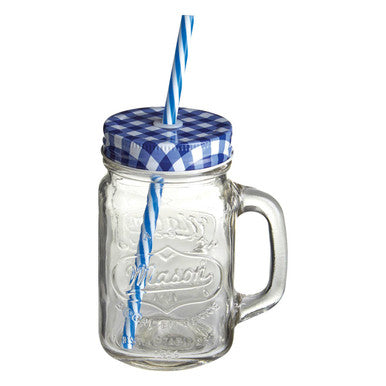 Bocal Embossed Mason Square Jar Mug With Blue Gingham Lid