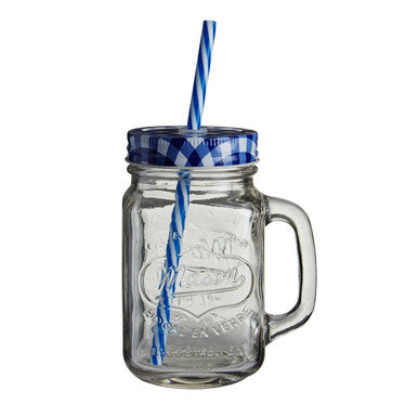 Bocal Embossed Mason Square Jar Mug With Blue Gingham Lid