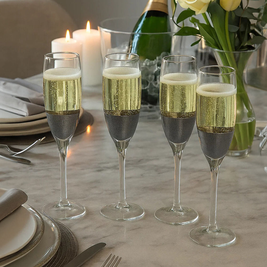 Apollo Silver Glass Set of 4 Champagne Glasses with Crosshatch Design 210ml