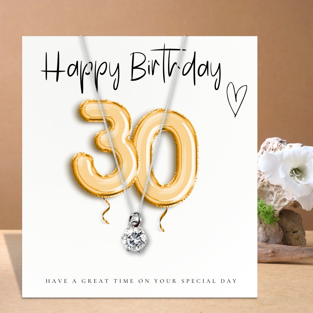 30th Birthday Cubic Zirconia Silver Necklace & Gold Balloons Gift Card