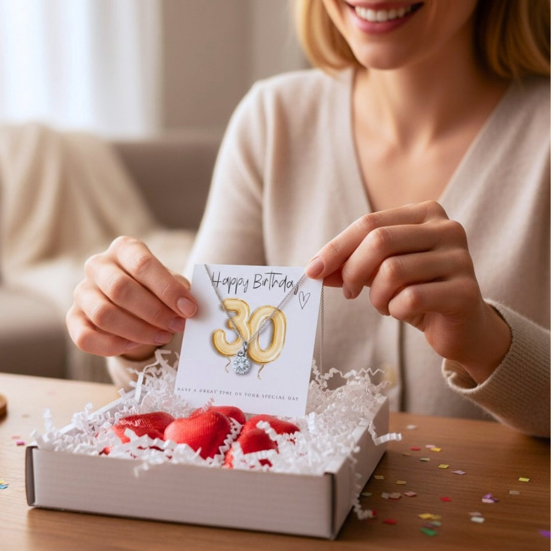 30th Birthday Cubic Zirconia Silver Necklace & Gold Balloons Mini Gift Hamper